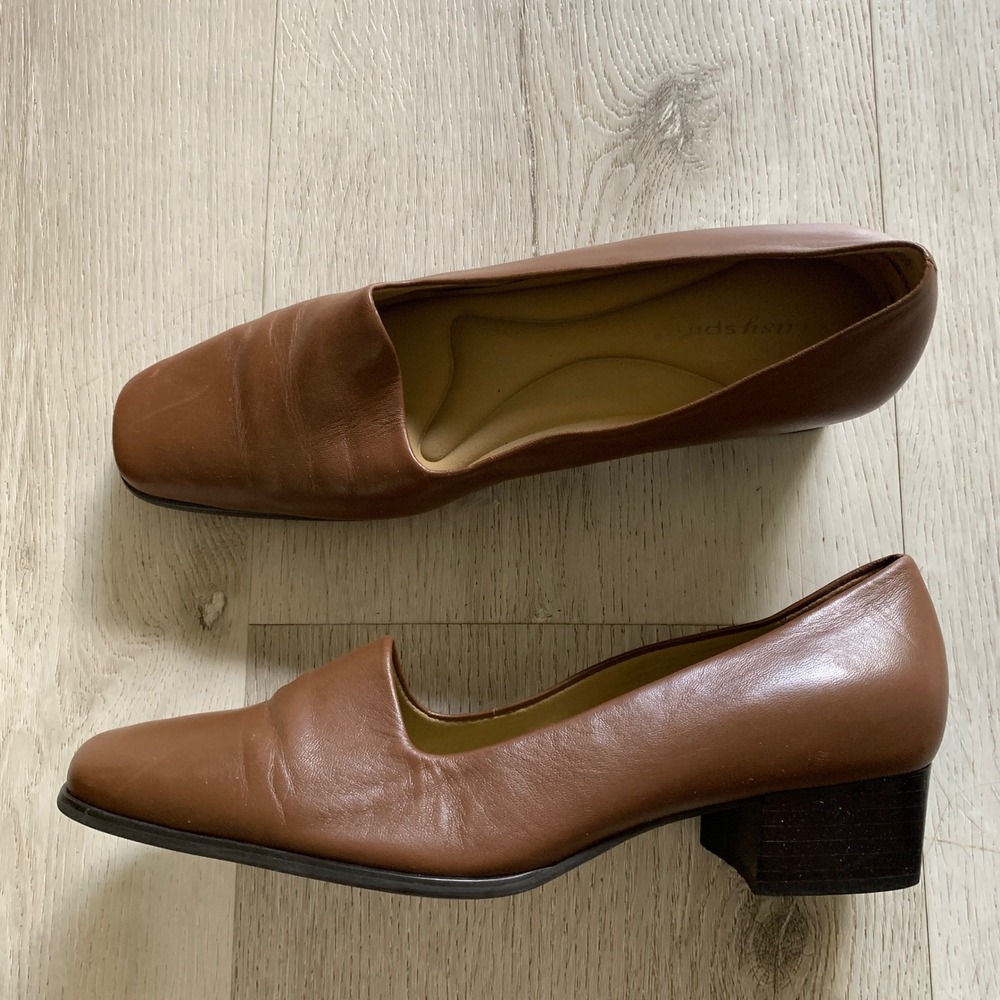 Easy Spirit Ferron Brown Leather Square Toe Block Heel Pumps women 8.5 B/2A‎